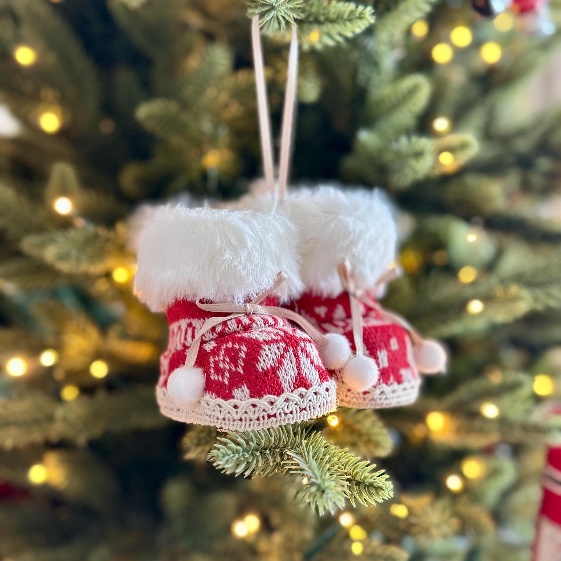 Knitted Christmas Boot Bauble with White Faux Fur