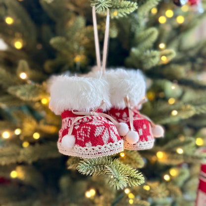 Knitted Christmas Boot Bauble with White Faux Fur