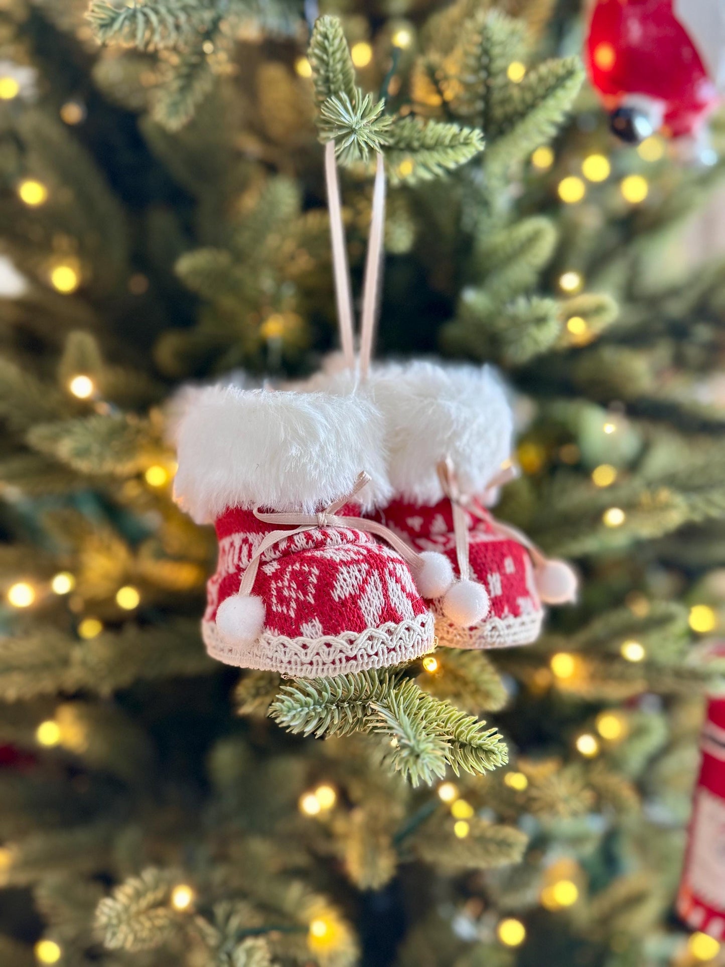 Knitted Christmas Boot Bauble with White Faux Fur
