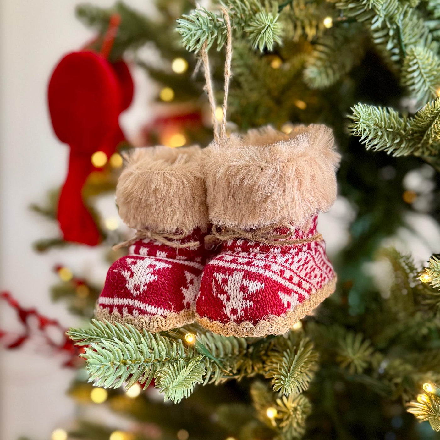 Knitted Christmas Boot Bauble with Brown Faux Fur