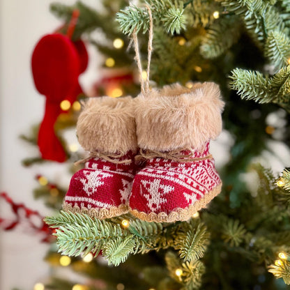 Knitted Christmas Boot Bauble with Brown Faux Fur