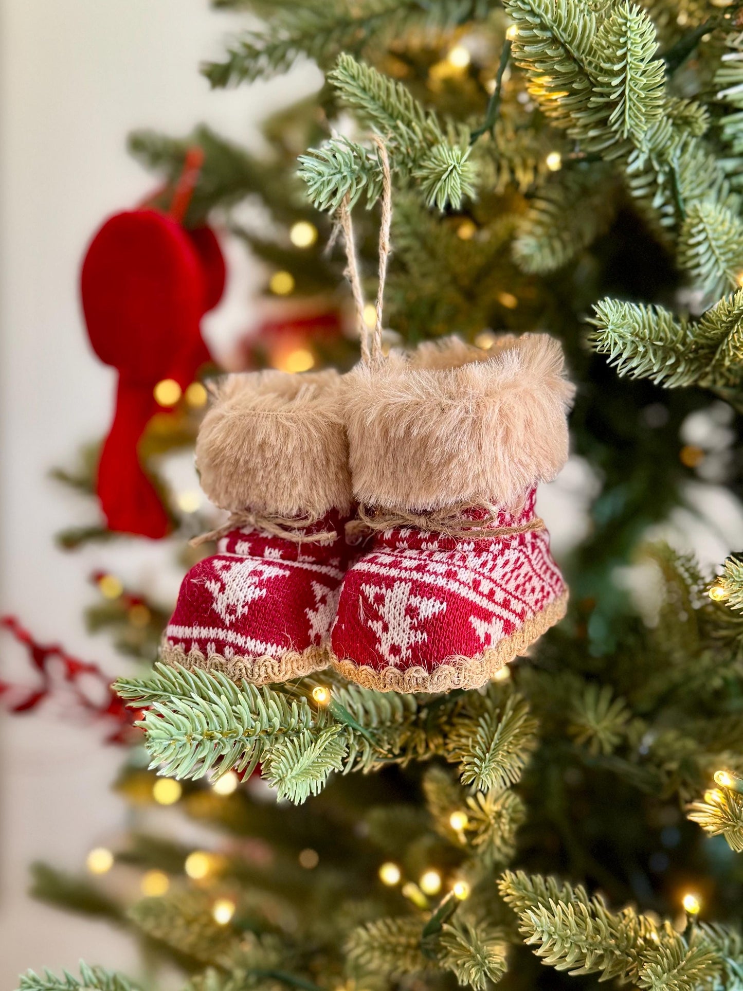 Knitted Christmas Boot Bauble with Brown Faux Fur