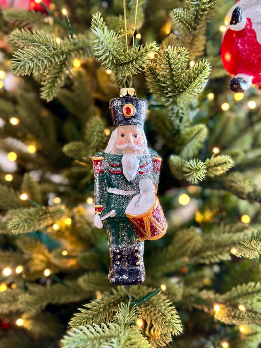 Nutcracker Drummer Christmas Bauble in Glittery Green