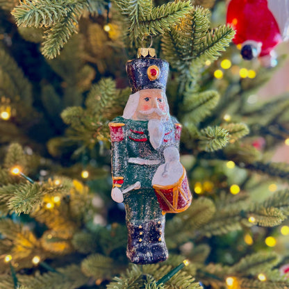 Nutcracker Drummer Christmas Bauble in Glittery Green