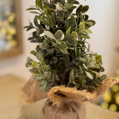 Mini Frosted Eucalyptus Tree – 25cm Rustic Winter Tabletop Decoration with Burlap Base