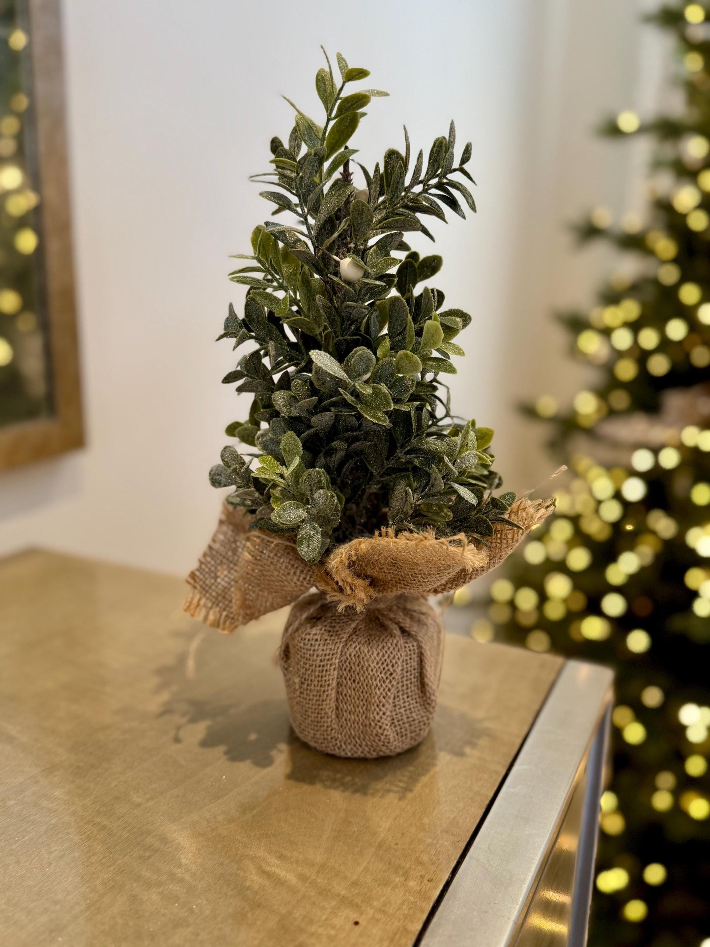 Mini Frosted Eucalyptus Tree – 25cm Rustic Winter Tabletop Decoration with Burlap Base