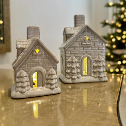 Ceramic Christmas House with LED Lights – Grey Light-Up Holiday Ornament – Large House (15cm)