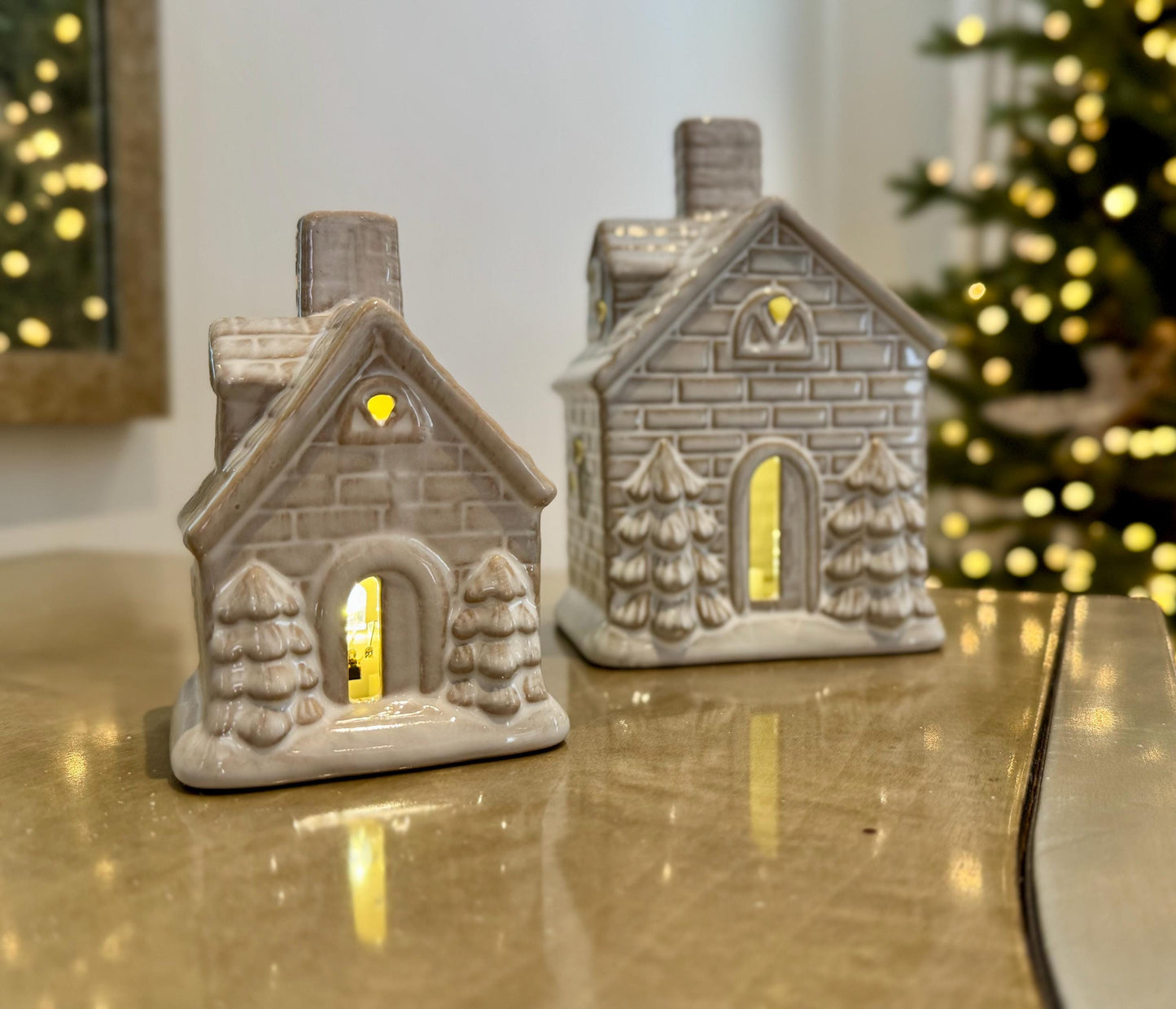 Ceramic Christmas House with LED Lights - Grey Light Up Holiday Ornament