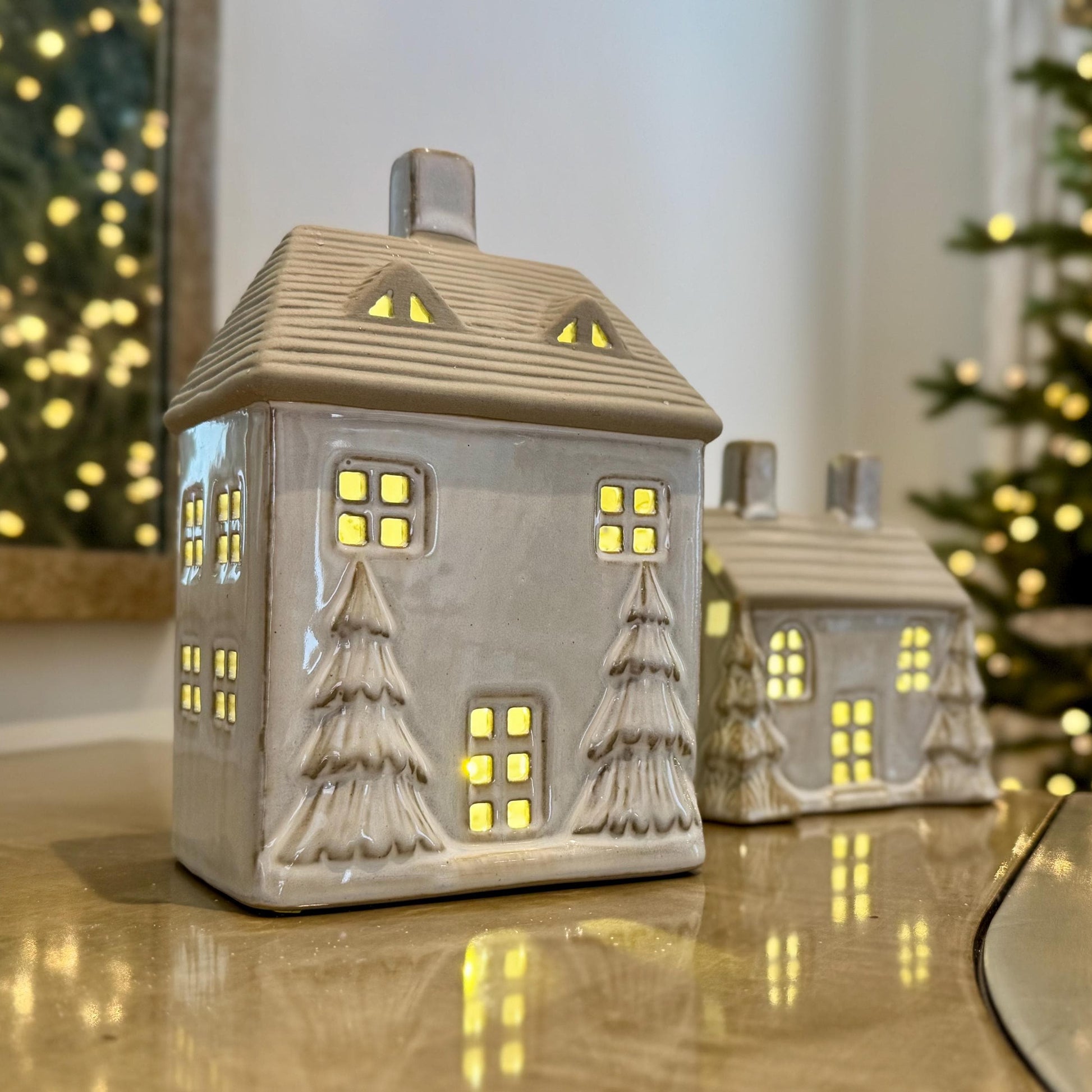 Ceramic Light-Up Christmas House with Trees and LED Light – Small House (13cm)