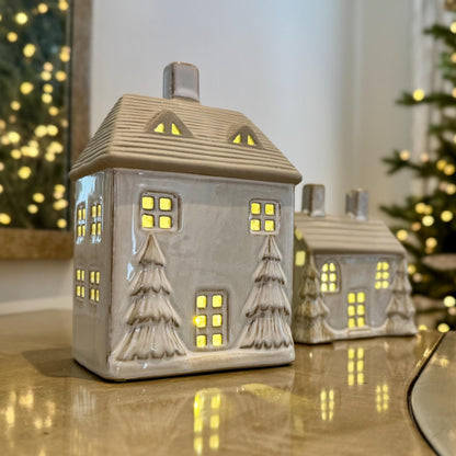 Ceramic Light-Up Christmas House with Trees and LED Light – Small House (13cm)