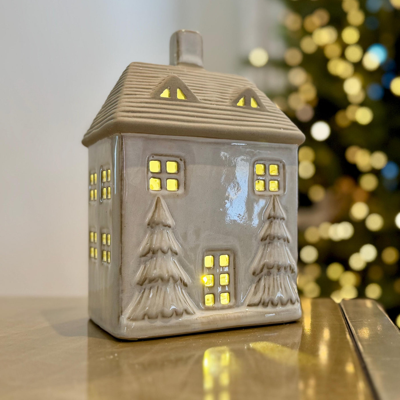 Ceramic Light-Up Christmas House with Trees and LED Light – Slim House (14cm)