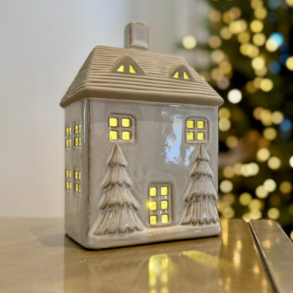Ceramic Light-Up Christmas House with Trees and LED Light – Slim House (14cm)