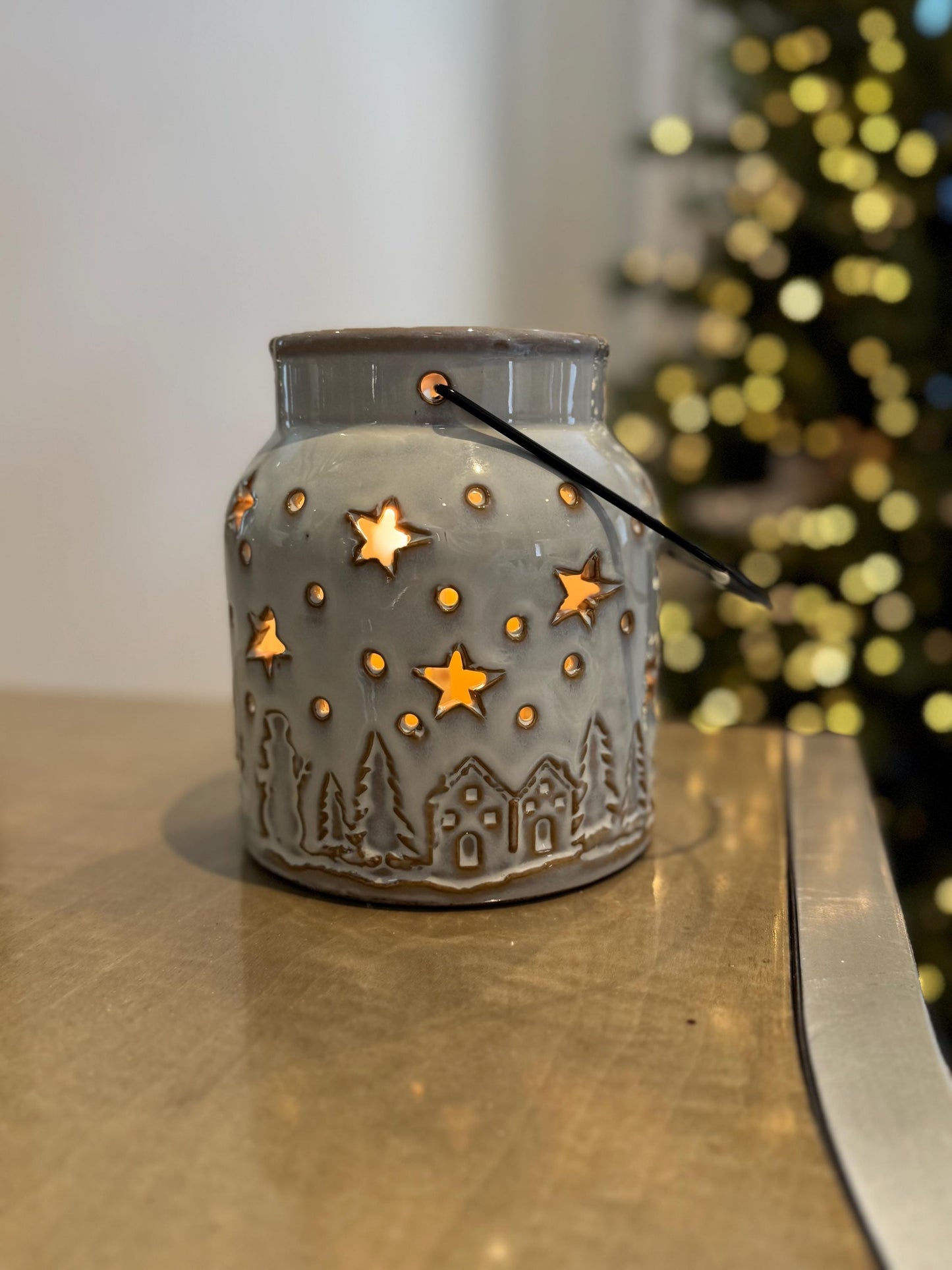 Ceramic Festive Lantern with Star Cut Outs - 15cm Light Up Christmas Candle Holder