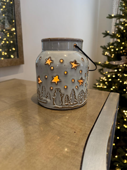 Ceramic Festive Lantern with Star Cut Outs - 15cm Light Up Christmas Candle Holder