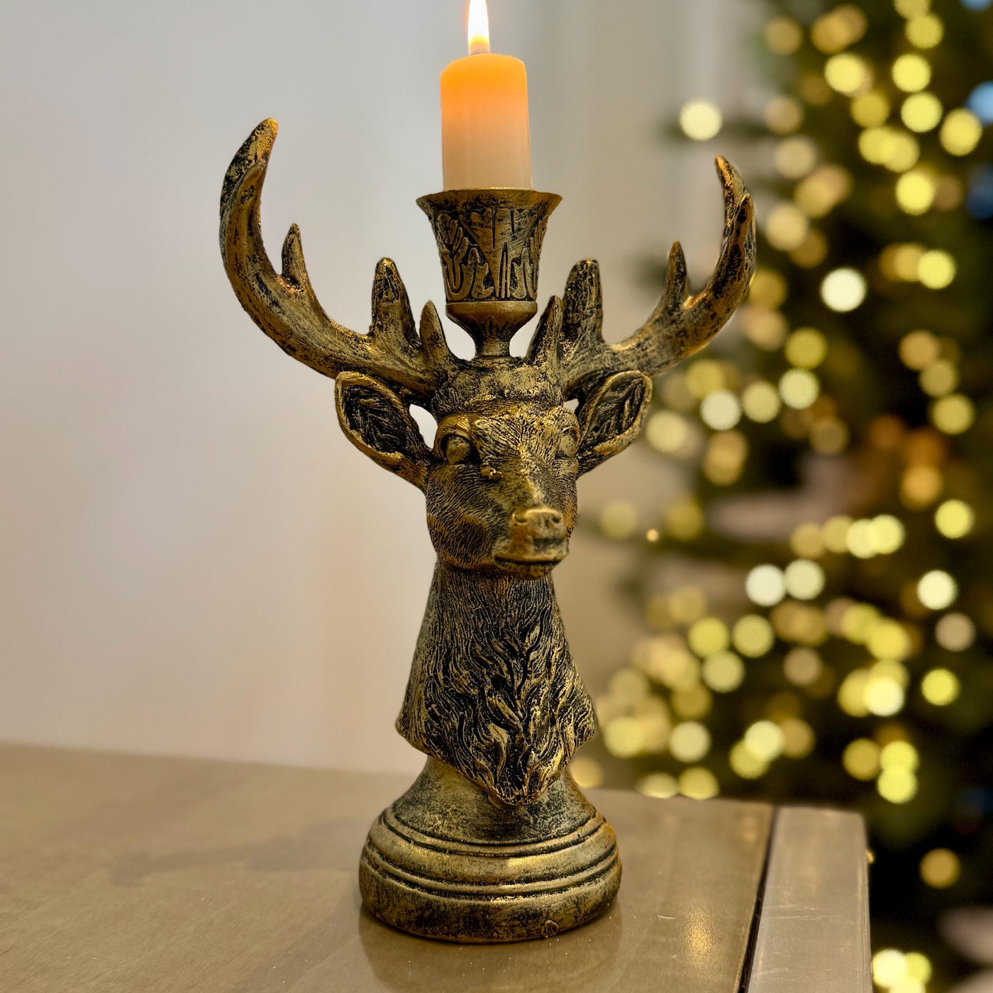 Resin Stag Candle Holder – 20cm Rustic Gold Deer Antler Candlestick