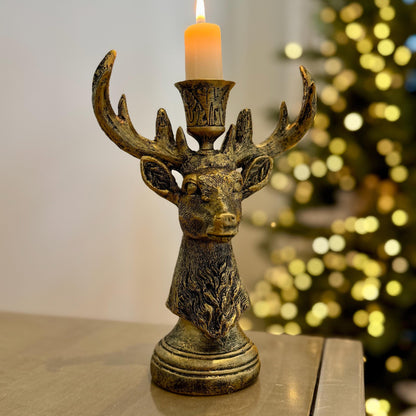 Resin Stag Candle Holder – 20cm Rustic Gold Deer Antler Candlestick