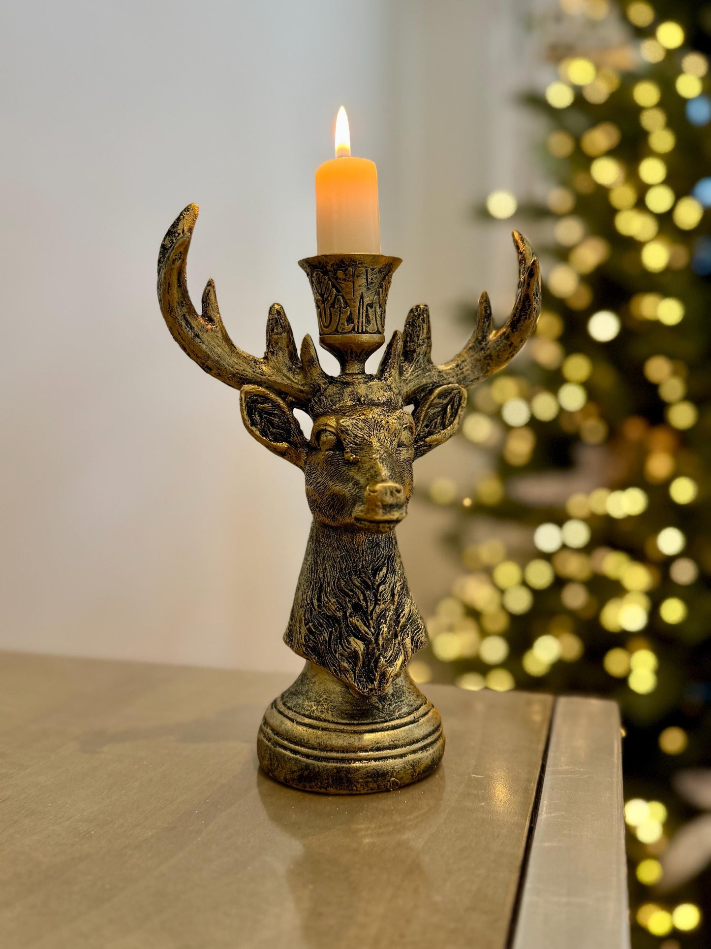 Resin Stag Candle Holder - 20cm Rustic Gold Deer Antler Candlestick
