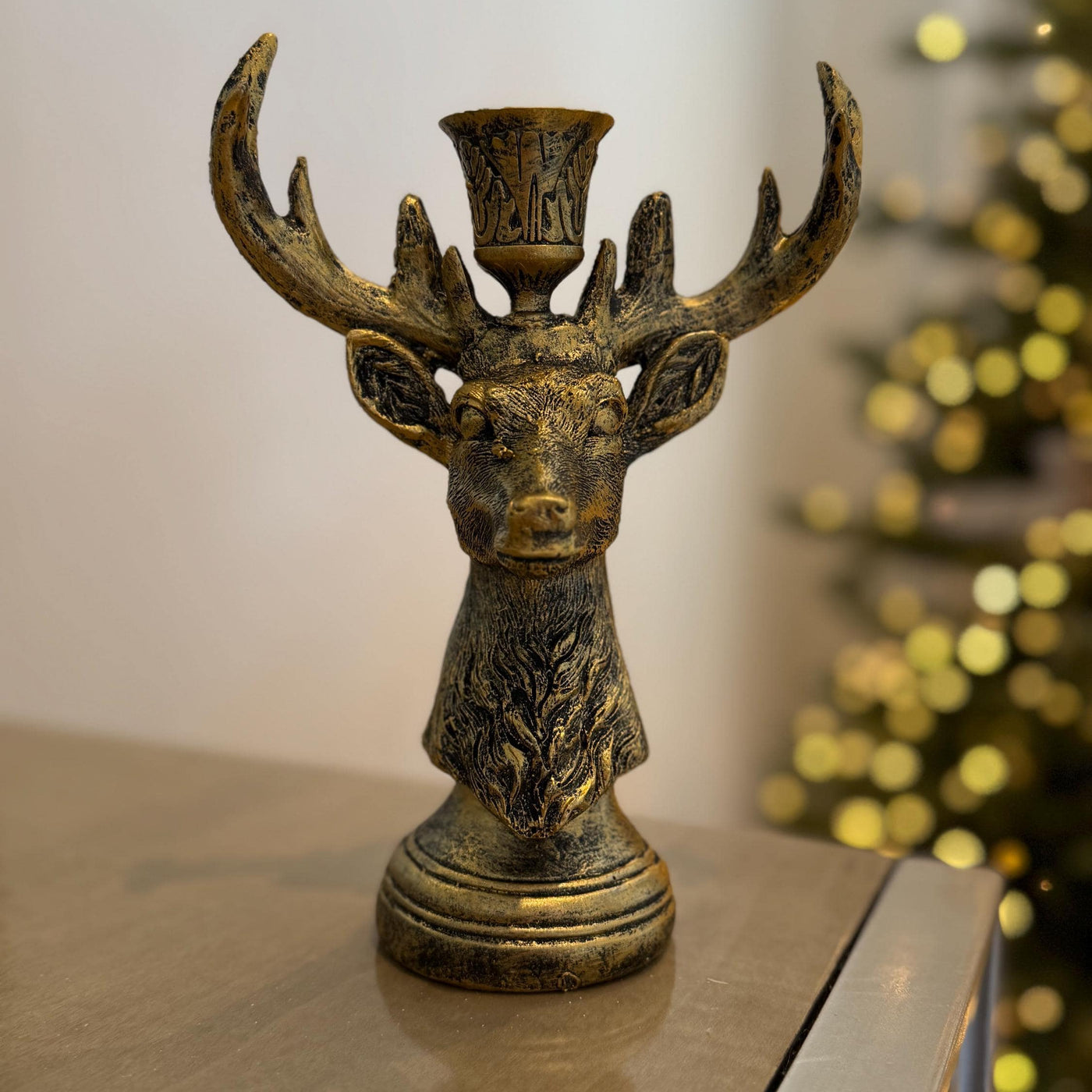 Resin Stag Candle Holder – 20cm Rustic Gold Deer Antler Candlestick