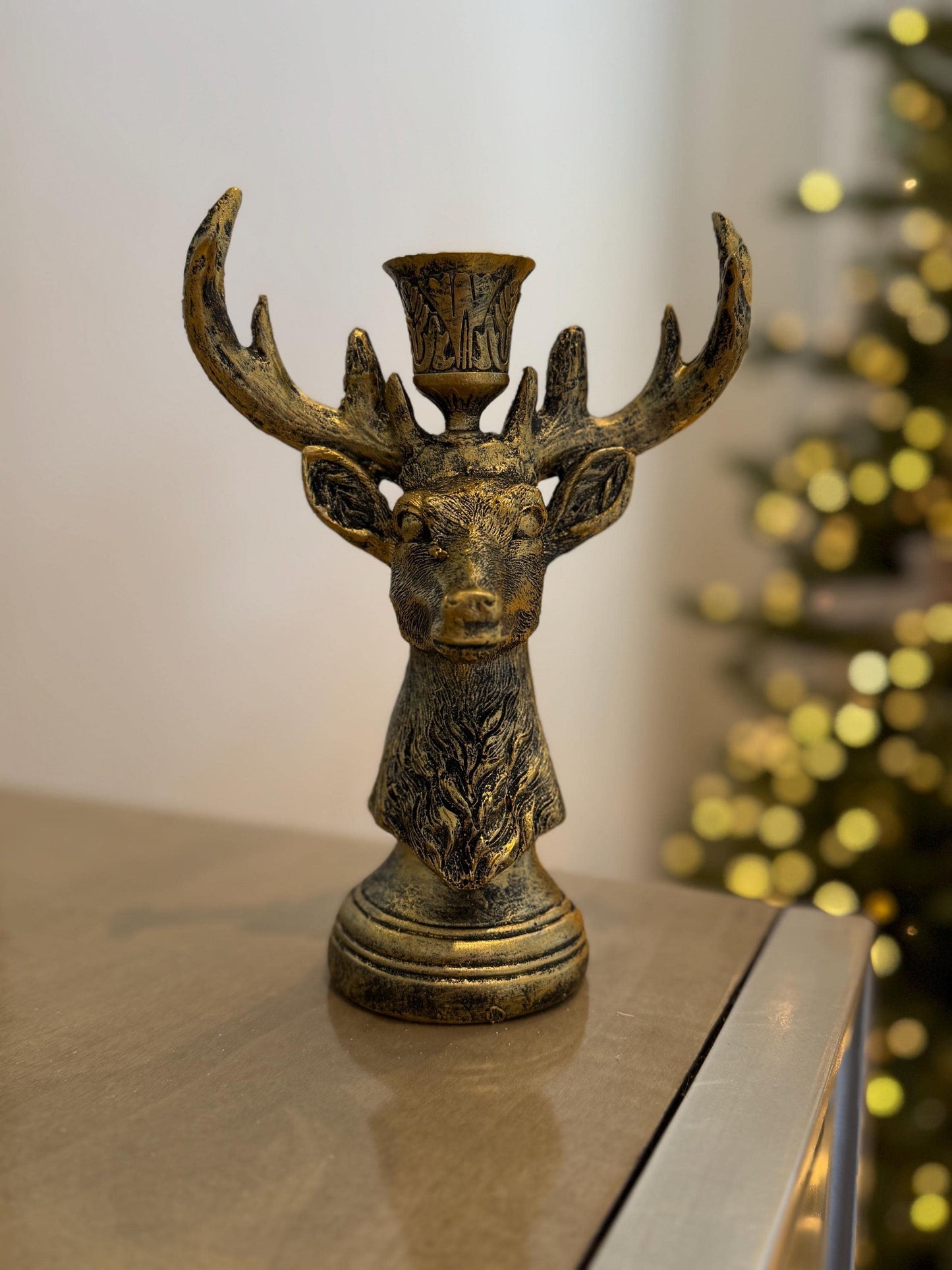 Resin Stag Candle Holder - 20cm Rustic Gold Deer Antler Candlestick