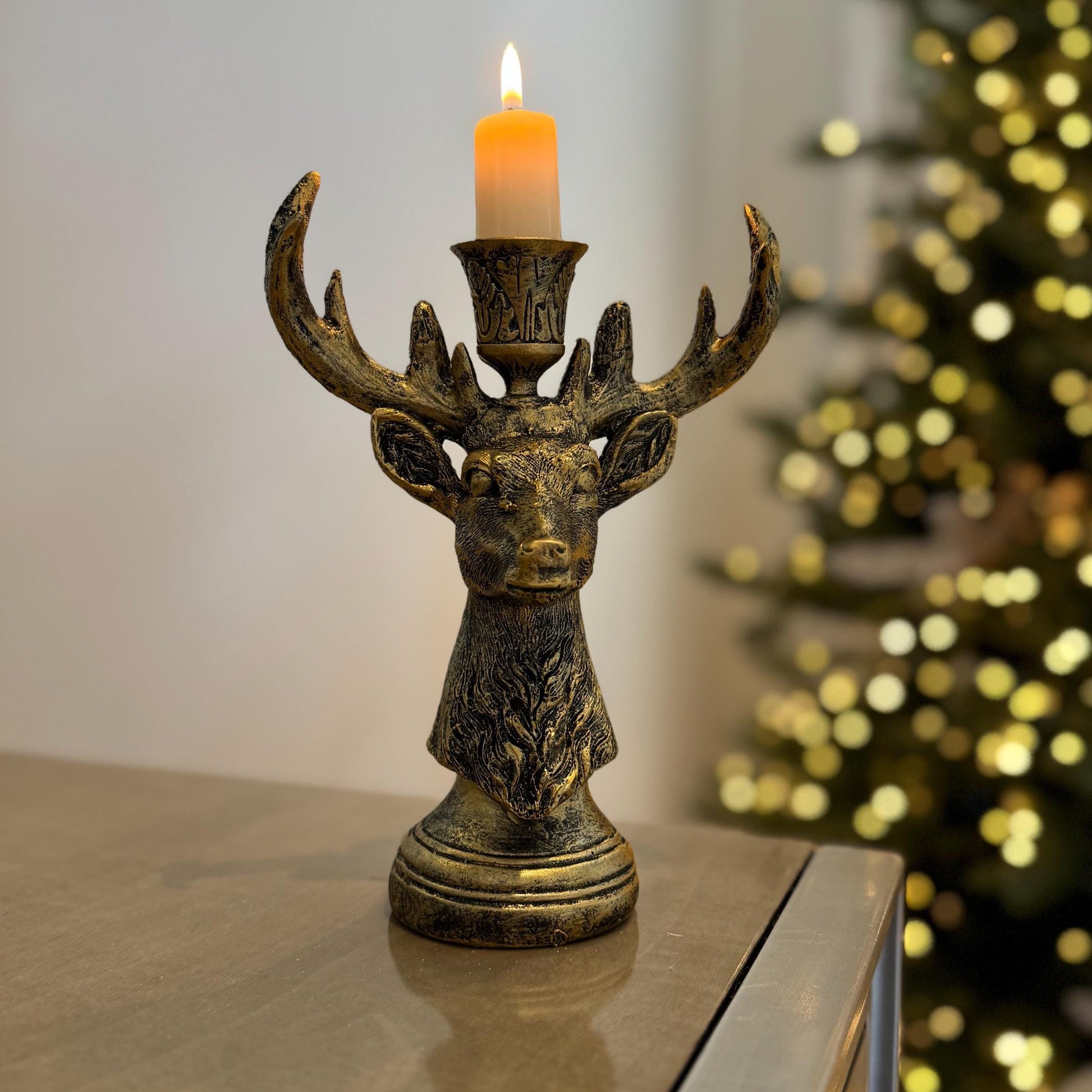 Resin Stag Candle Holder – 20cm Rustic Gold Deer Antler Candlestick