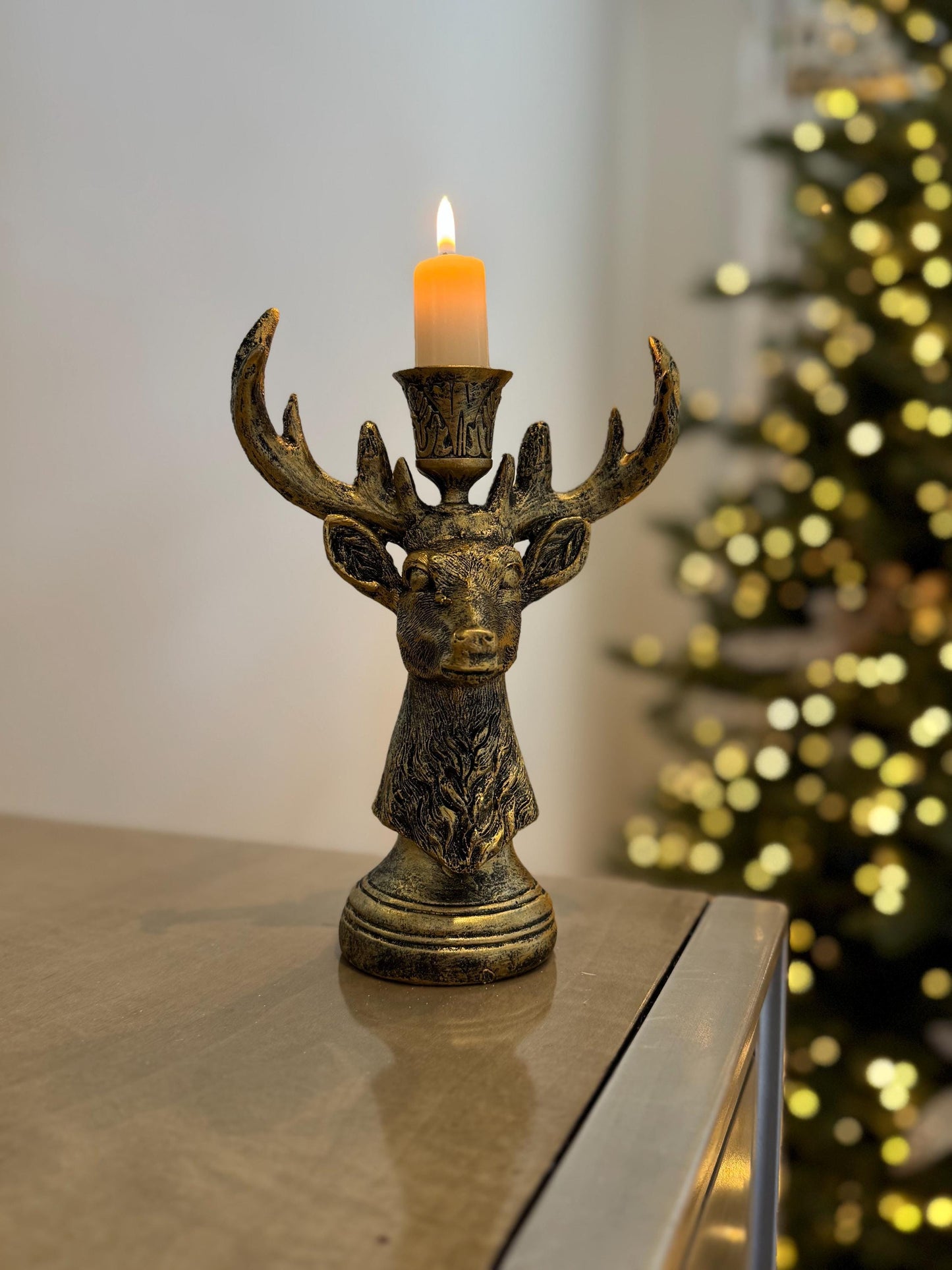 Resin Stag Candle Holder - 20cm Rustic Gold Deer Antler Candlestick