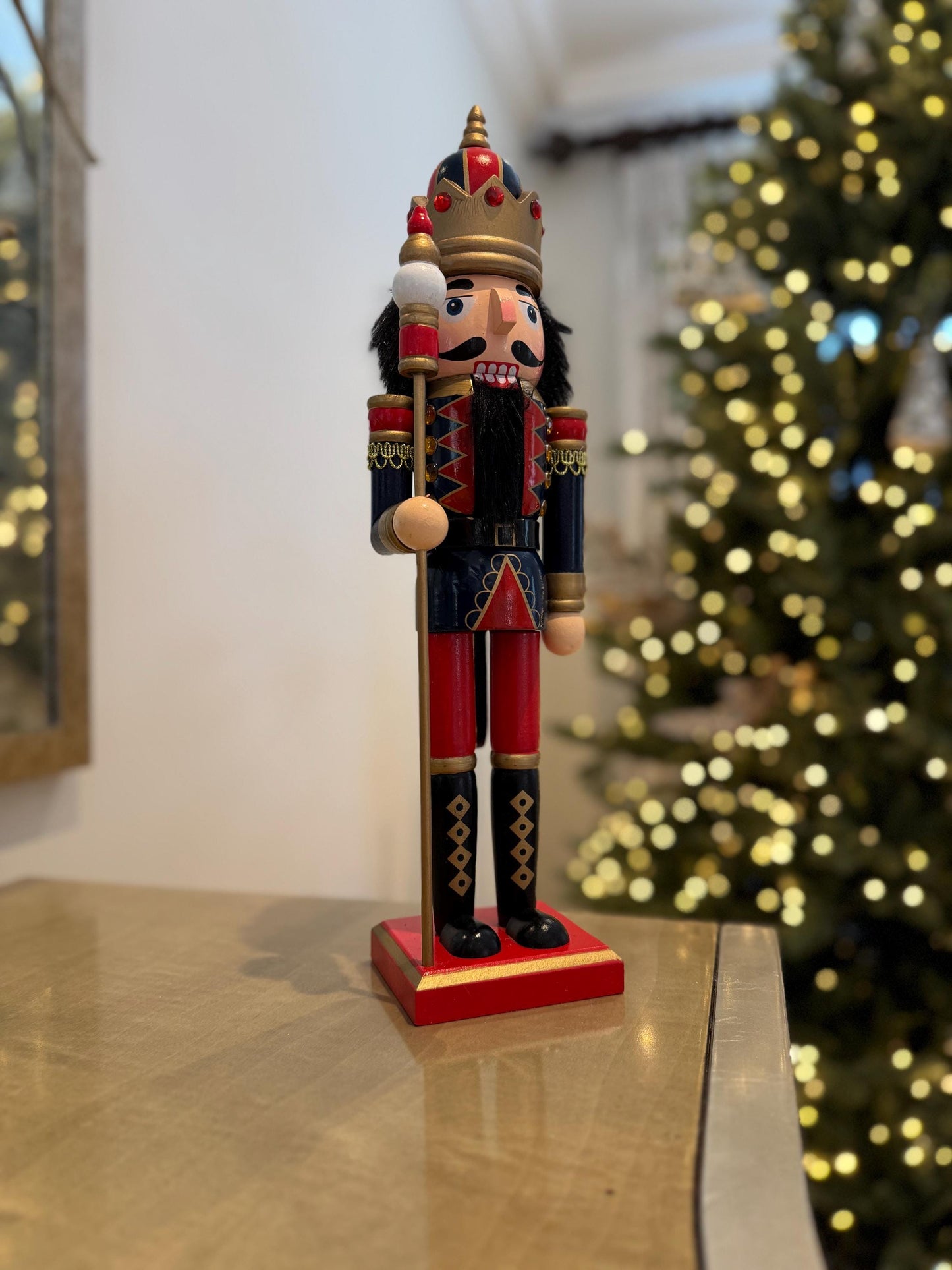 Large Hand Painted Blue & Red Wooden Nutcracker 38cm - Traditional Christmas Decoration