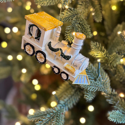 White & Gold Train Bauble – Festive locomotive ornament with green garland detail