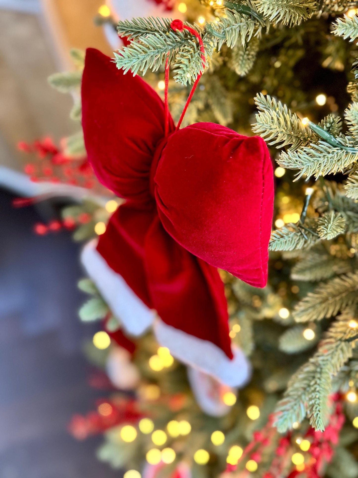 Red Velvet and Faux Fur Christmas Bow - Santa Style Tree Decoration