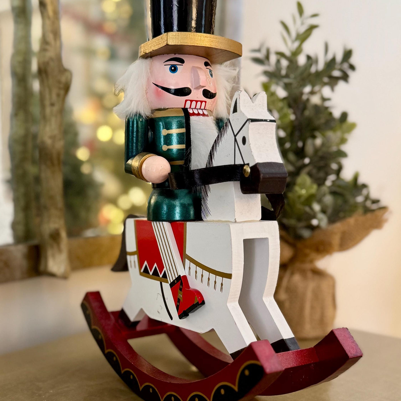 Hand-Painted 30cm Rocking Horse Nutcracker – Green Traditional Ornament