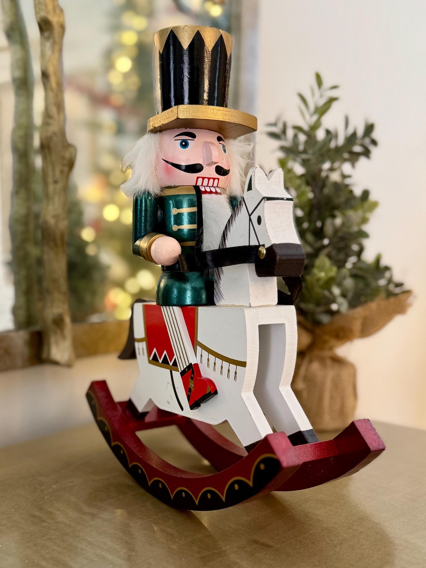 Hand Painted 30cm Rocking Horse Nutcracker - Green Traditional Ornament