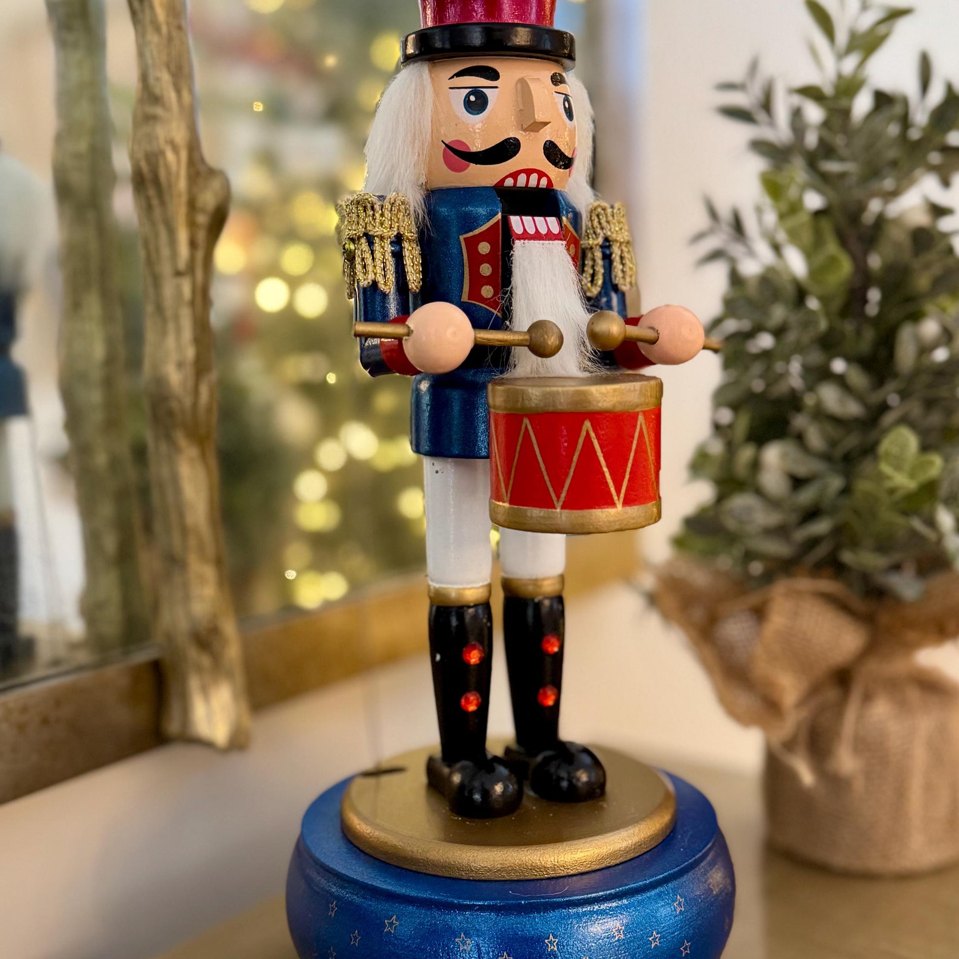 Hand-Painted 30cm Musical Drummer Nutcracker – Blue & Red Traditional Ornament