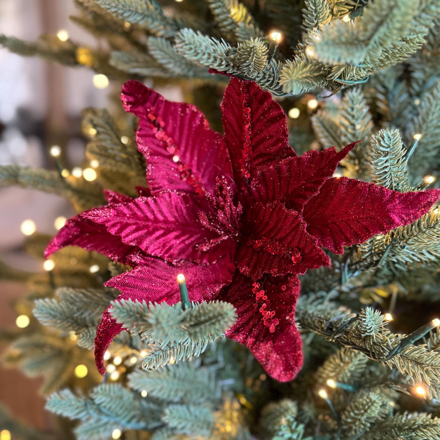 Red Velvet Poinsettia Flower with stem – Luxury Tree Decoration