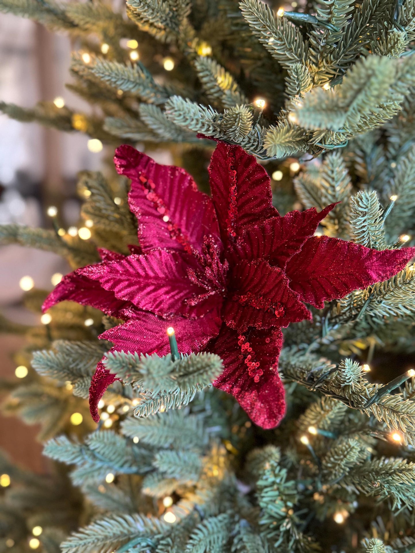 Red Velvet Poinsettia Flower with stem - Luxury Tree Decoration