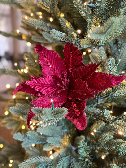 Red Velvet Poinsettia Flower with stem - Luxury Tree Decoration