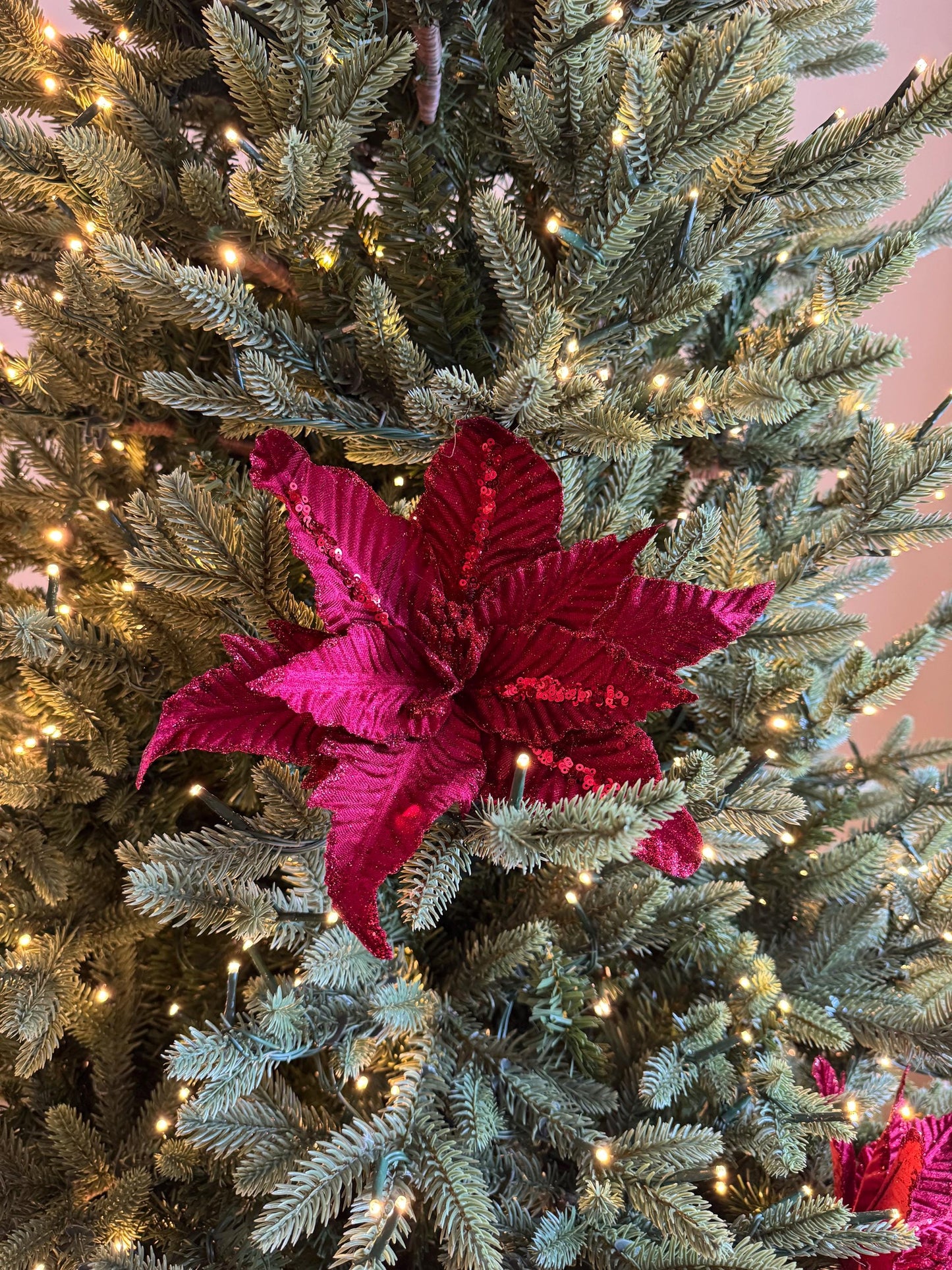 Red Velvet Poinsettia Flower with stem - Luxury Tree Decoration