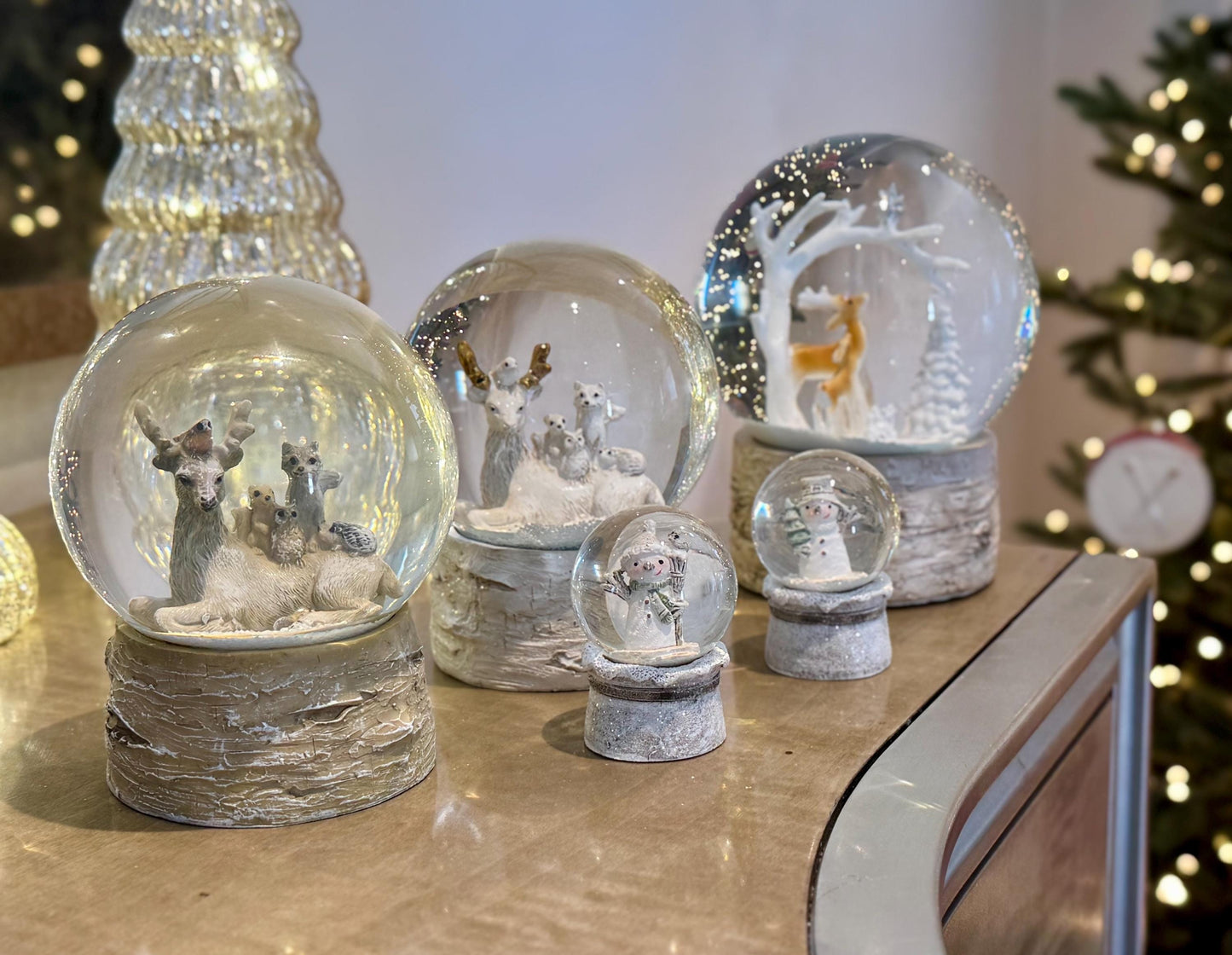 Deer & Woodland Christmas Snow Globes in various sizes - Luxury Holiday Decor