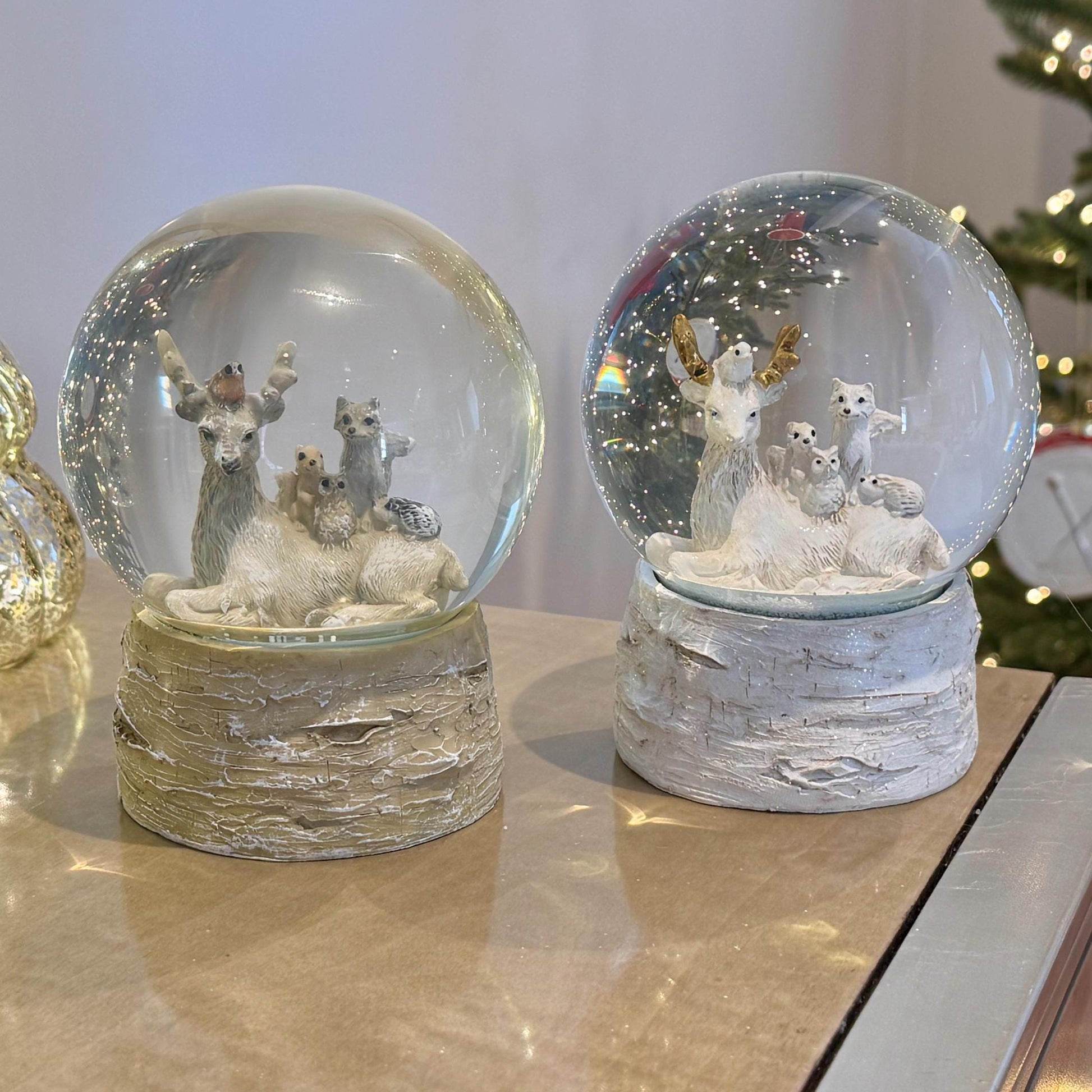 Deer & Woodland Christmas Snow Globes in various sizes – Luxury Holiday Decor