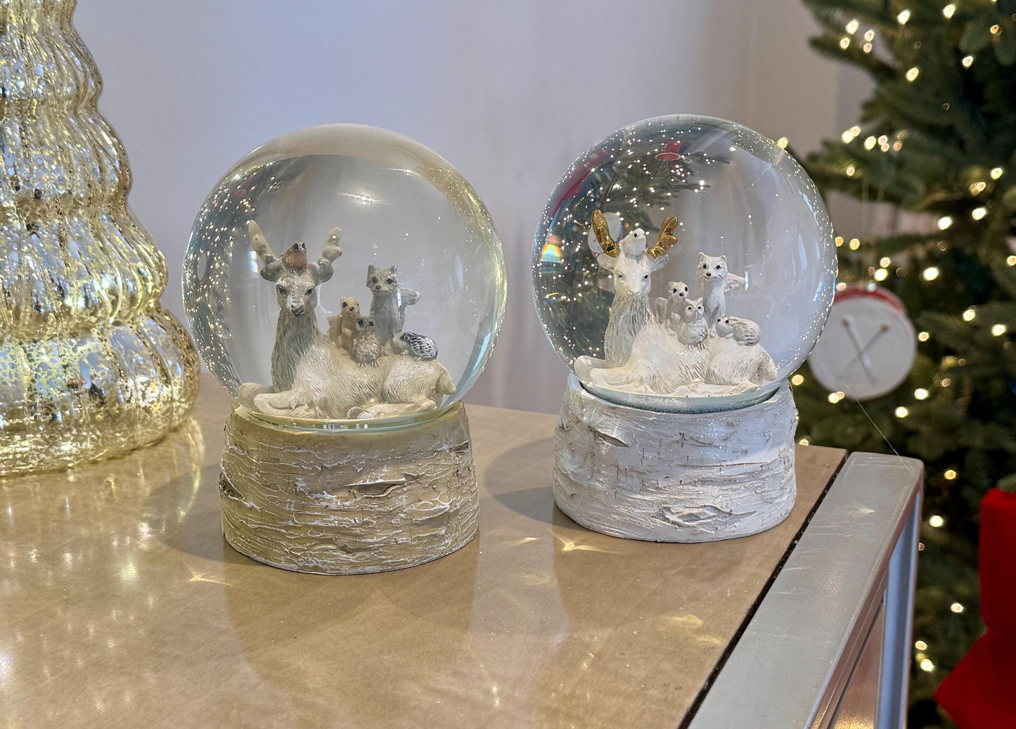 Deer & Woodland Christmas Snow Globes in various sizes - Luxury Holiday Decor