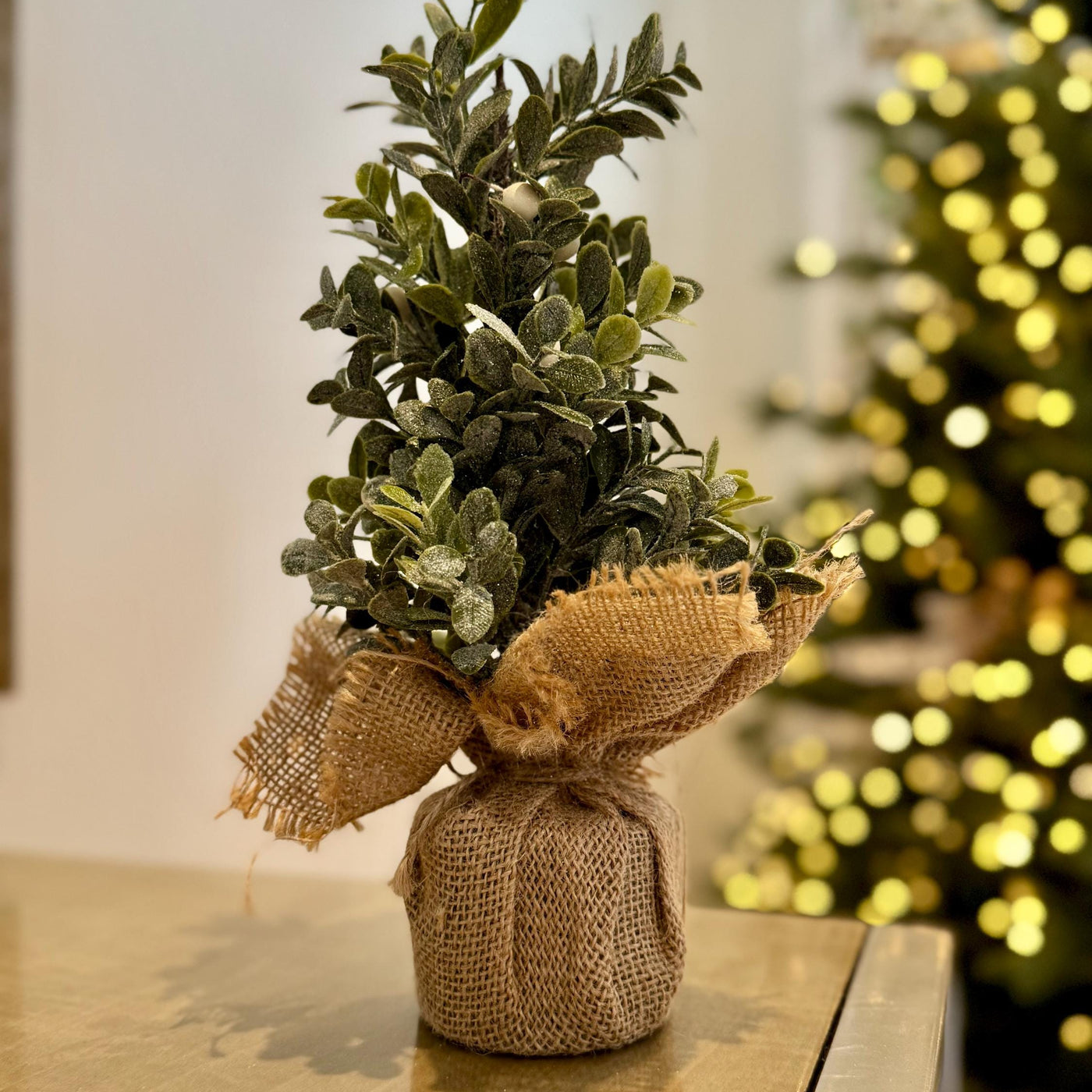 Mini Frosted Eucalyptus Tree – 25cm Rustic Winter Tabletop Decoration with Burlap Base
