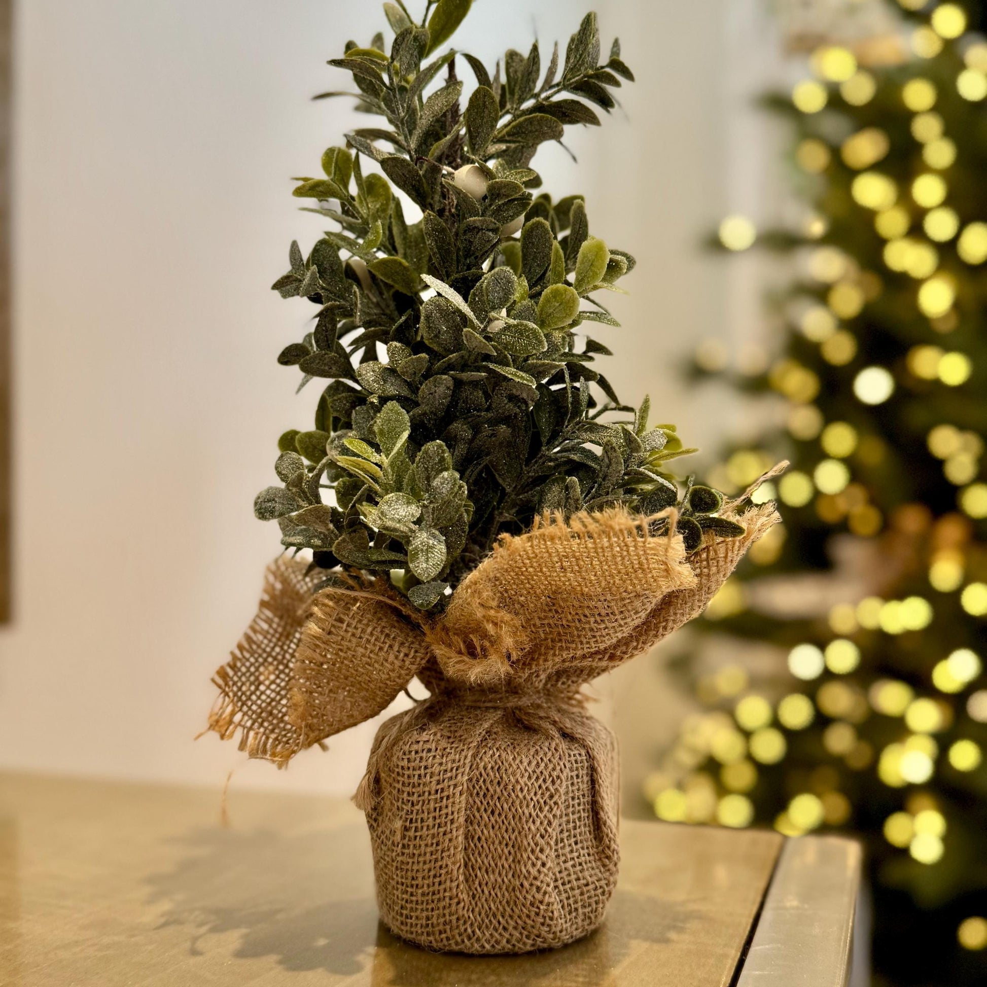 Mini Frosted Eucalyptus Tree – 25cm Rustic Winter Tabletop Decoration with Burlap Base