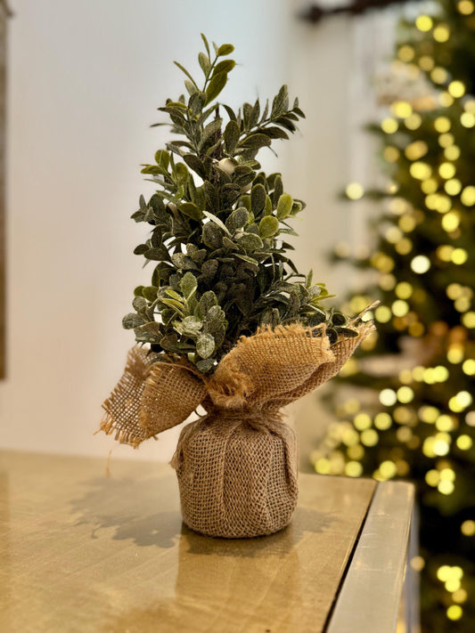 Mini Frosted Eucalyptus Tree – 25cm Rustic Winter Tabletop Decoration with Burlap Base
