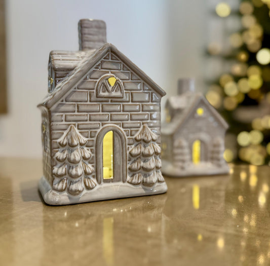 Ceramic Christmas House with LED Lights - Grey Light Up Holiday Ornament
