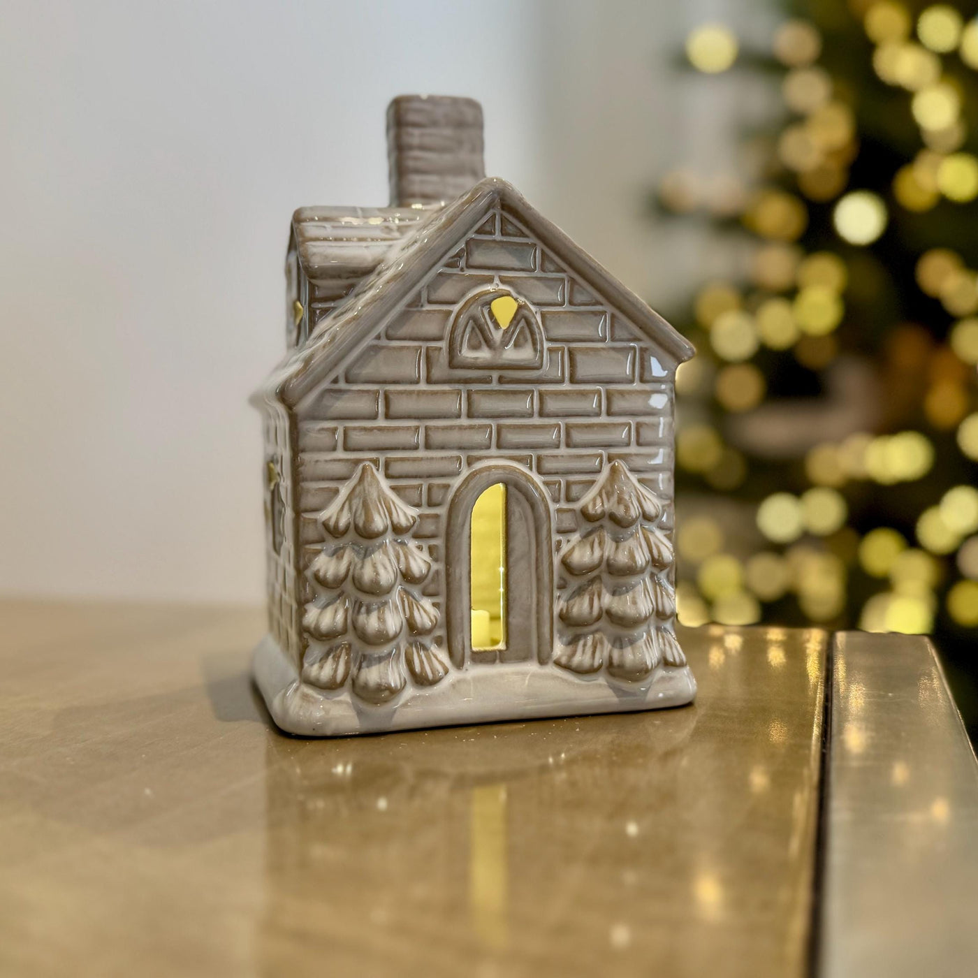 Ceramic Christmas House with LED Lights – Grey Light-Up Holiday Ornament