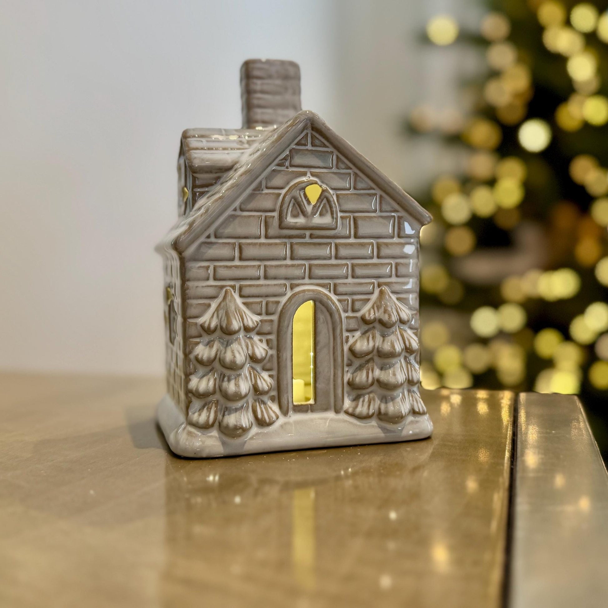 Ceramic Christmas House with LED Lights – Grey Light-Up Holiday Ornament