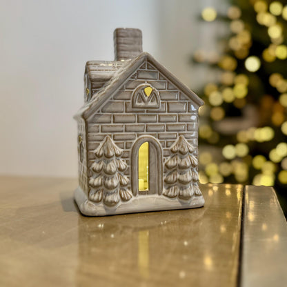 Ceramic Christmas House with LED Lights – Grey Light-Up Holiday Ornament