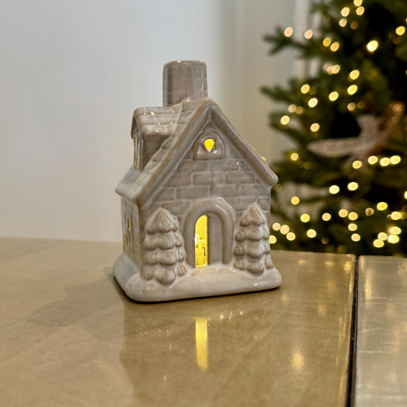 Ceramic Christmas House with LED Lights – Grey Light-Up Holiday Ornament