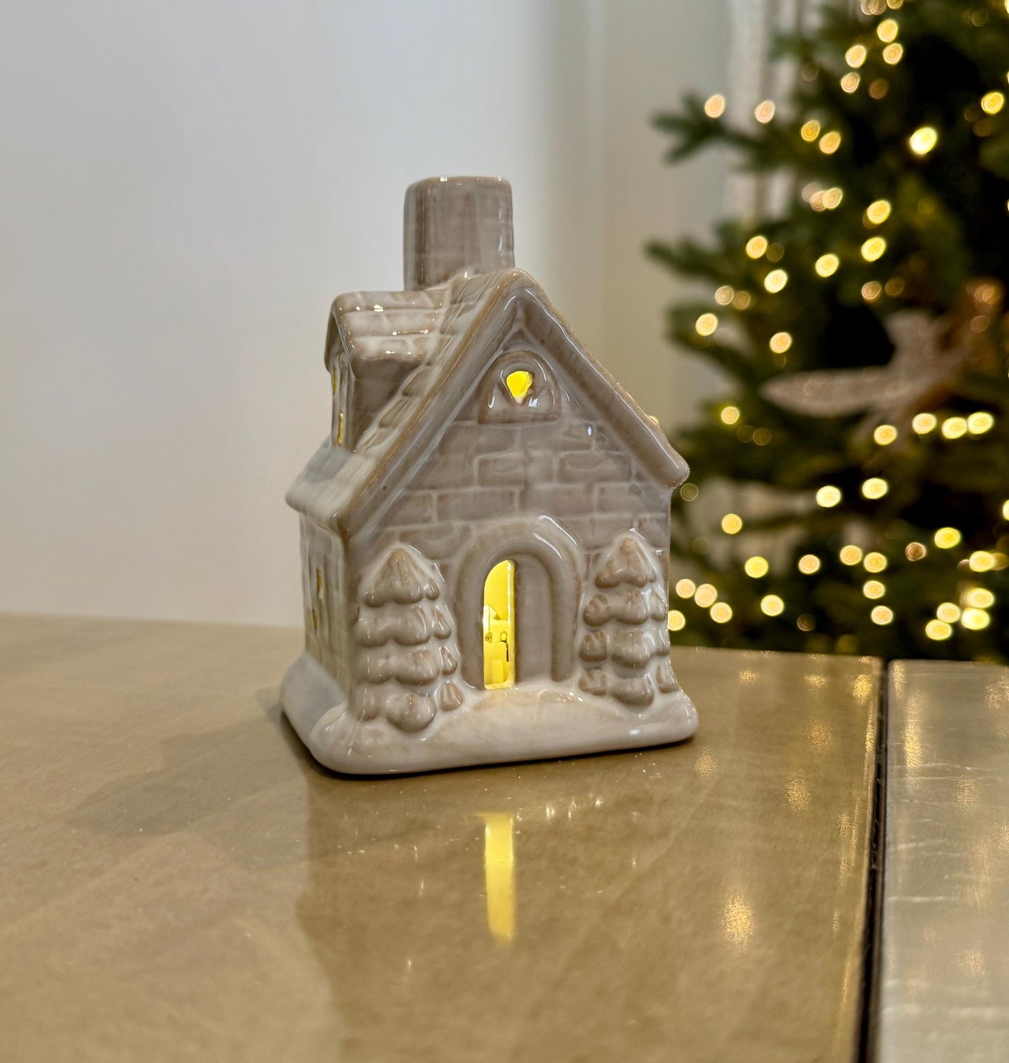 Ceramic Christmas House with LED Lights - Grey Light Up Holiday Ornament