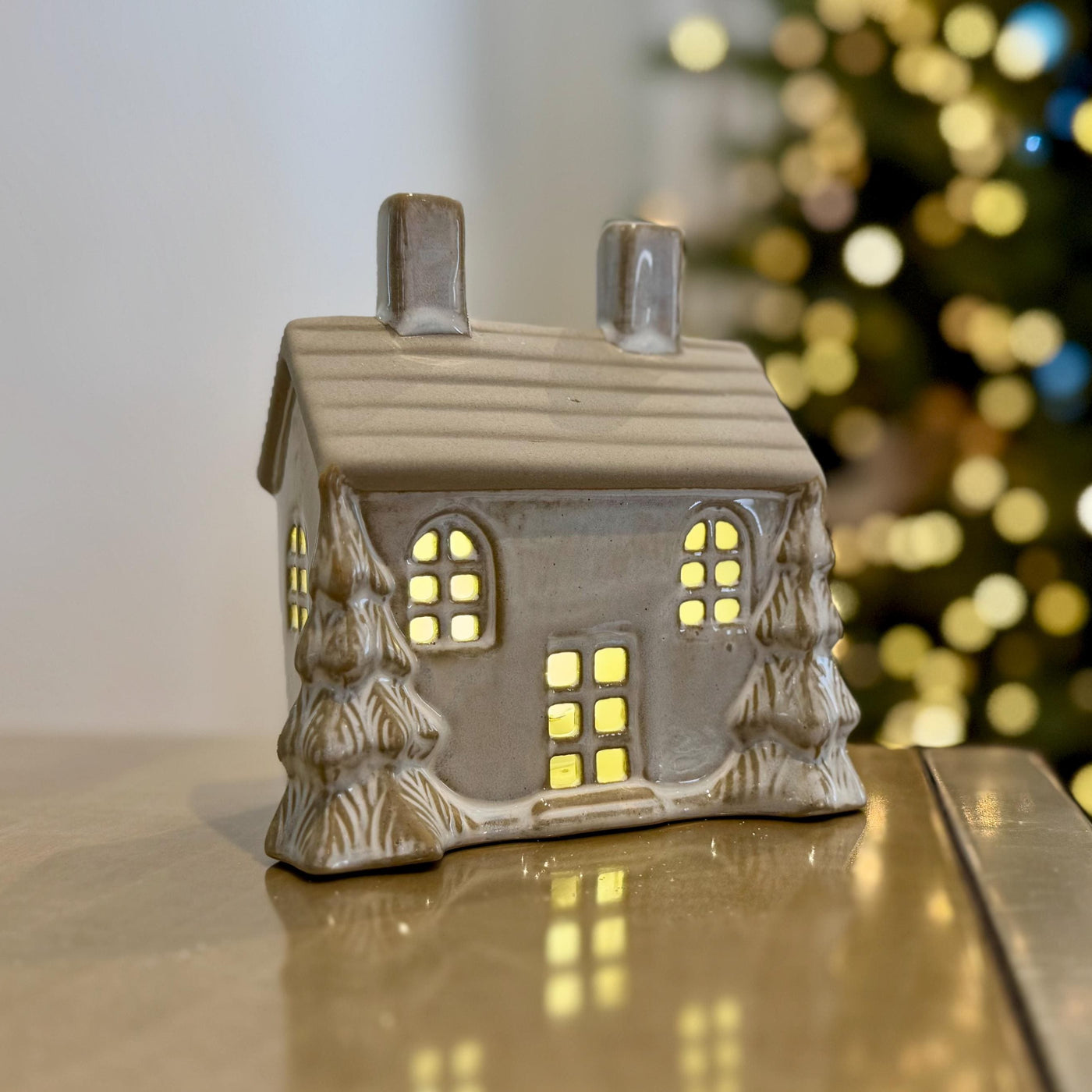 Ceramic Light-Up Christmas House with Trees and LED Light – Slim House (19.5cm)