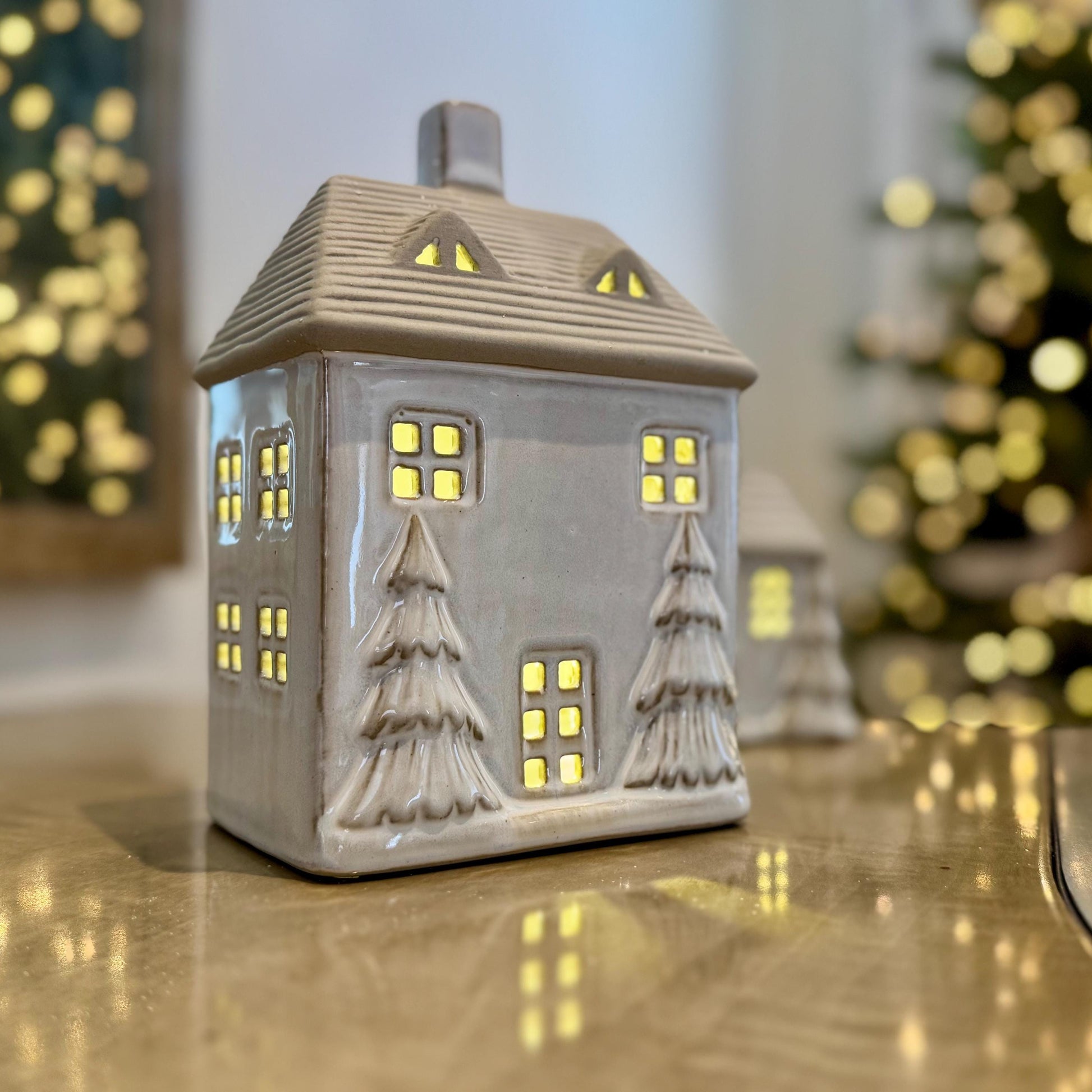 Ceramic Light-Up Christmas House with Trees and LED Light – Large House (18cm)