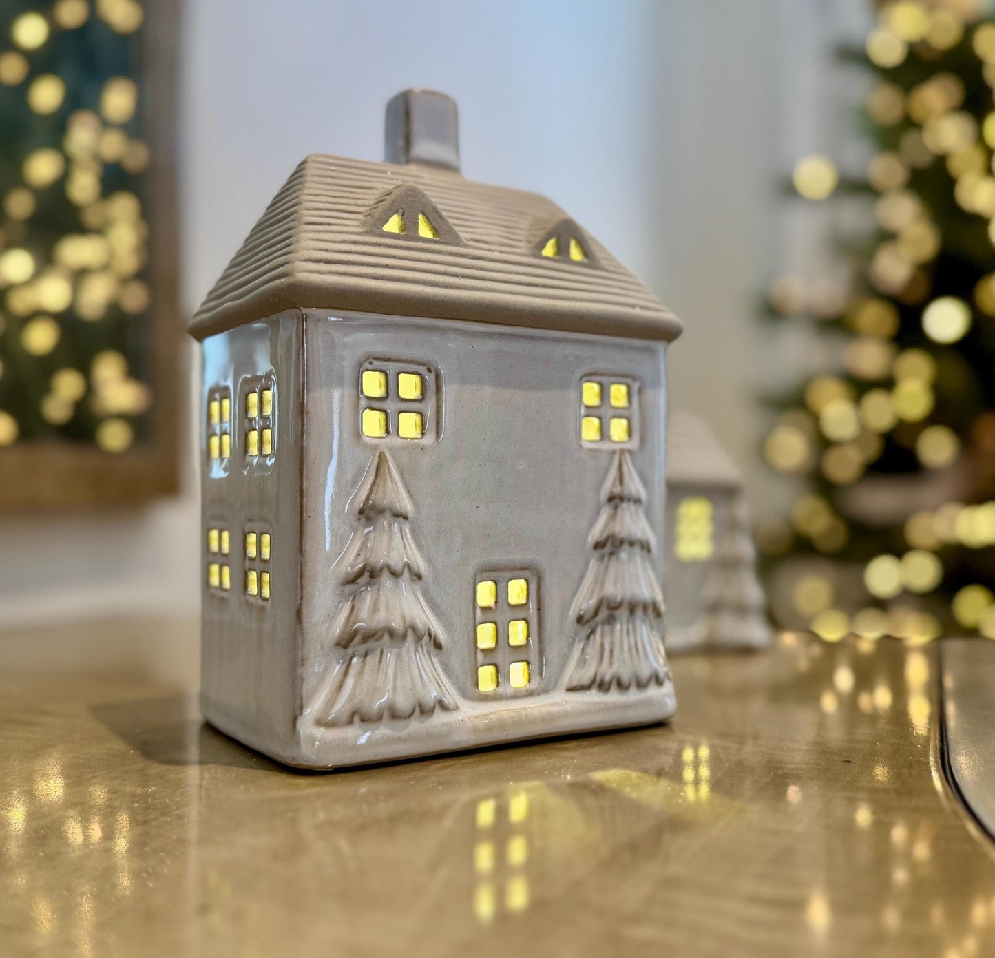 Ceramic Light Up Christmas House with Trees and LED Light